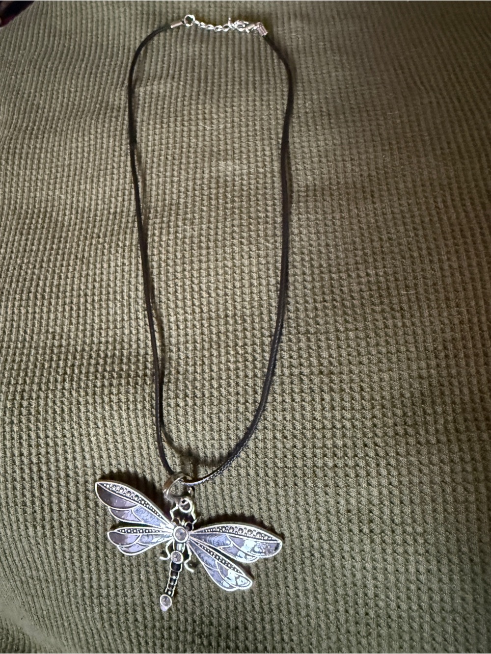 Silver Black Dragonfly Pendant Necklace - Black Cord